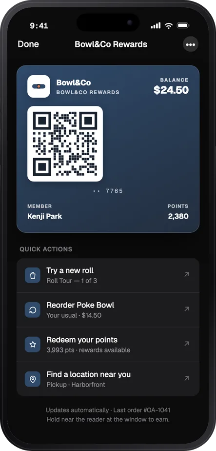 Bowl&Co’s scan & pay pass — a full-screen wallet card with QR code, stored balance, points, and quick actions