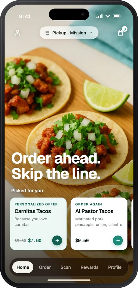 A taqueria app’s home tab — a full-photo hero with personalized picks and order-again cards, points on every price