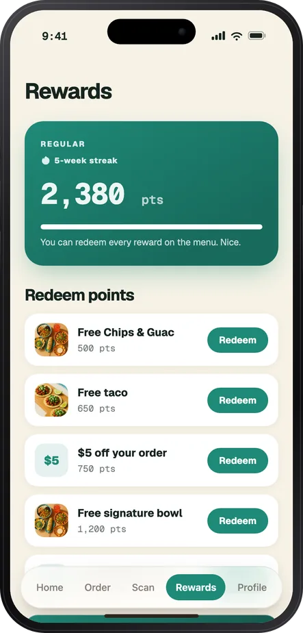The rewards tab — a 2,380-point balance, a 5-week streak, and photo-rich rewards to redeem