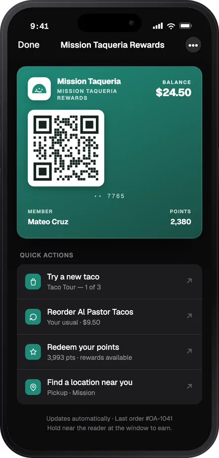 The same membership as a full-screen wallet pass — QR code to scan, stored balance, points, and quick actions