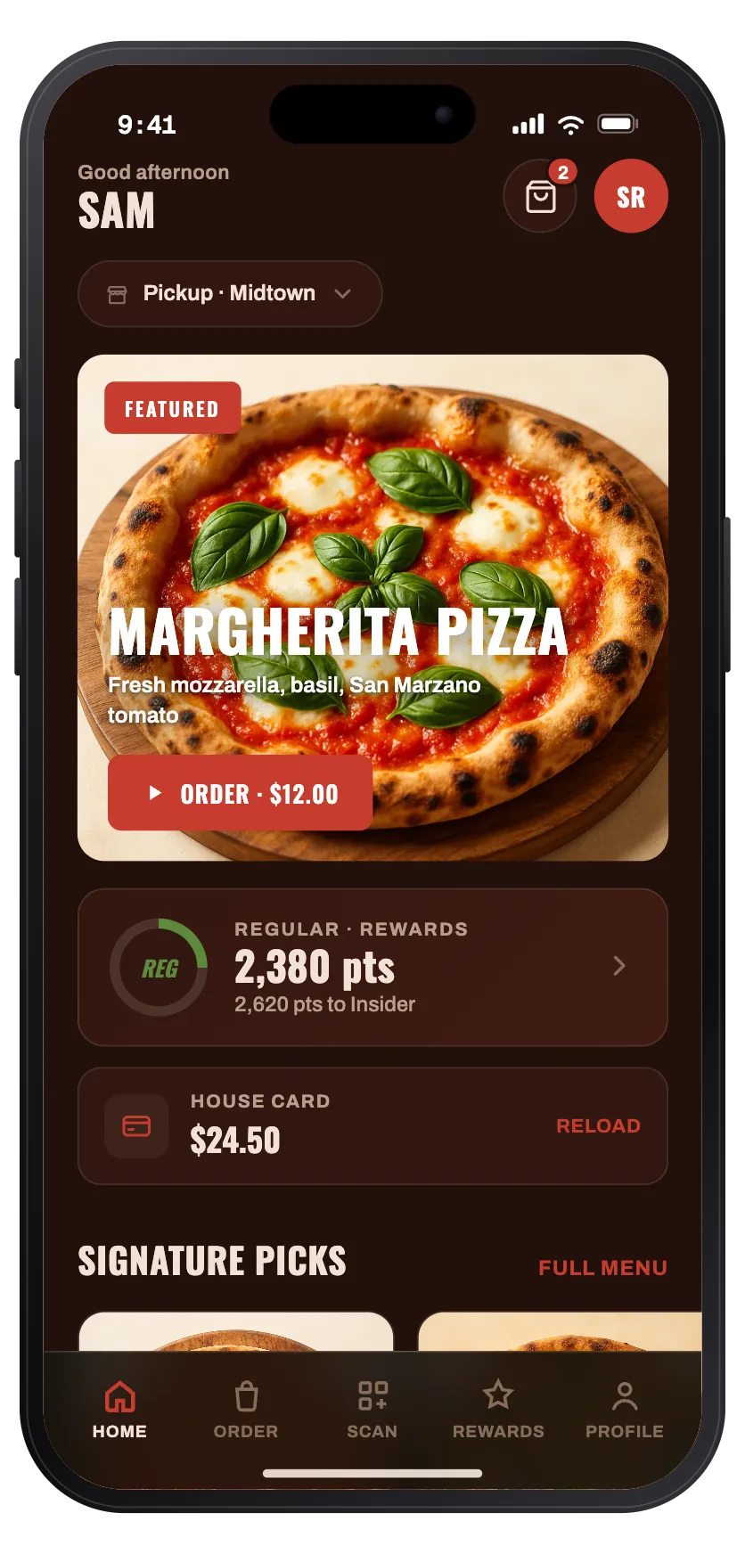 The pizza brand, bold — dark room, loud type