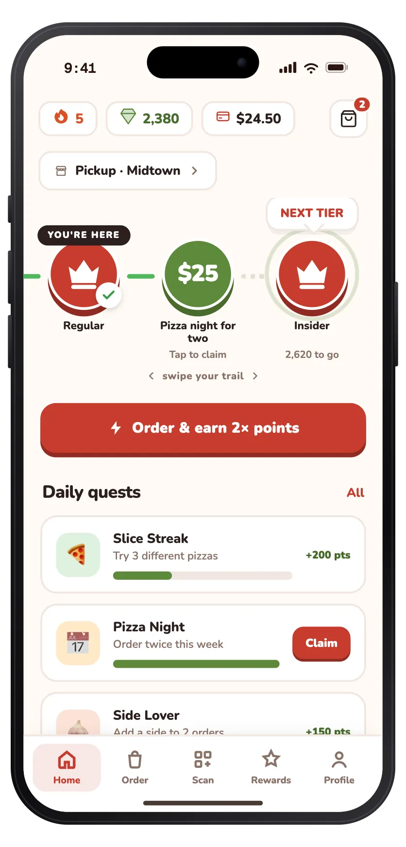 The pizza brand, playful — quests, tiers, confetti